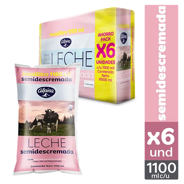 Leche Alpina Semidescremada Sixpack 1100ml